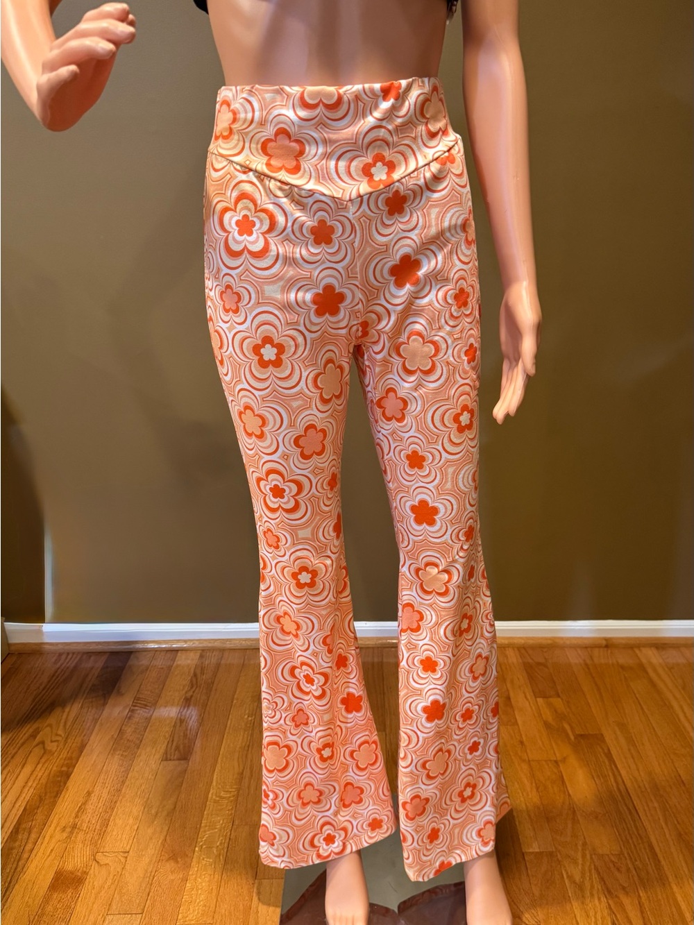 SHEIN Orange & Cream Retro Floral Flare Pants